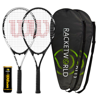 2 x Wilson Federer Tennis Racket Set with 3 Tennis Balls & Covers - Black/White