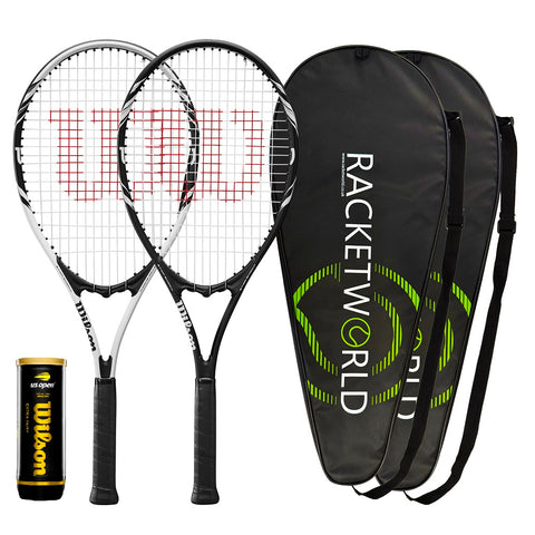 2 x Wilson Federer Tennis Racket Set with 3 Tennis Balls & Covers - Black/White